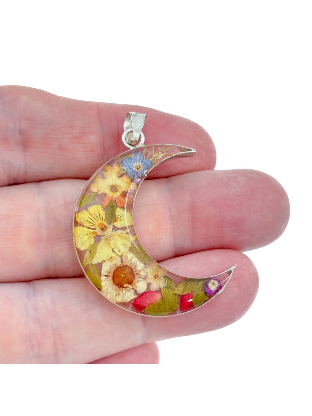 Vintage Sterling Silver 925 Dried Flower Moon Pendant